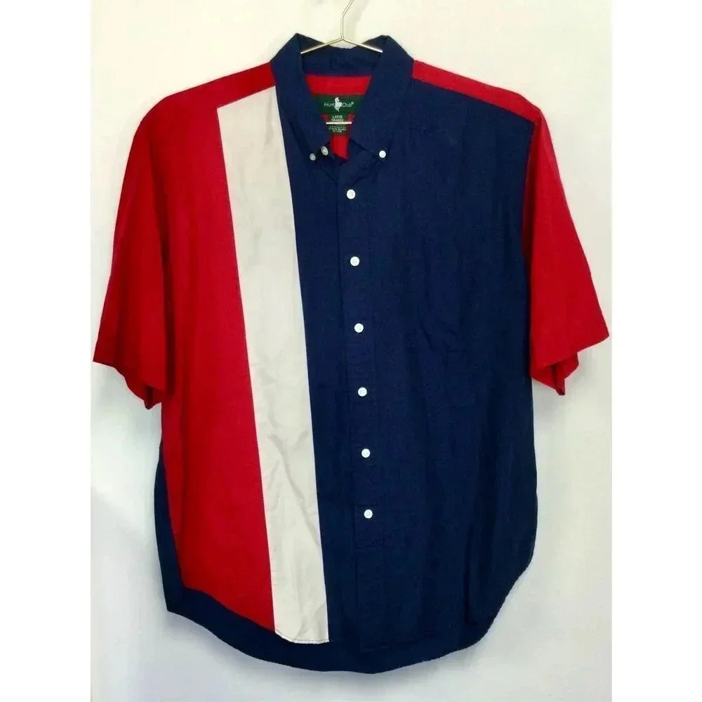 Vintage Hunt Club Mens Blue Red‎ Colorblock Short Sleeve Button-Down Shirt Large